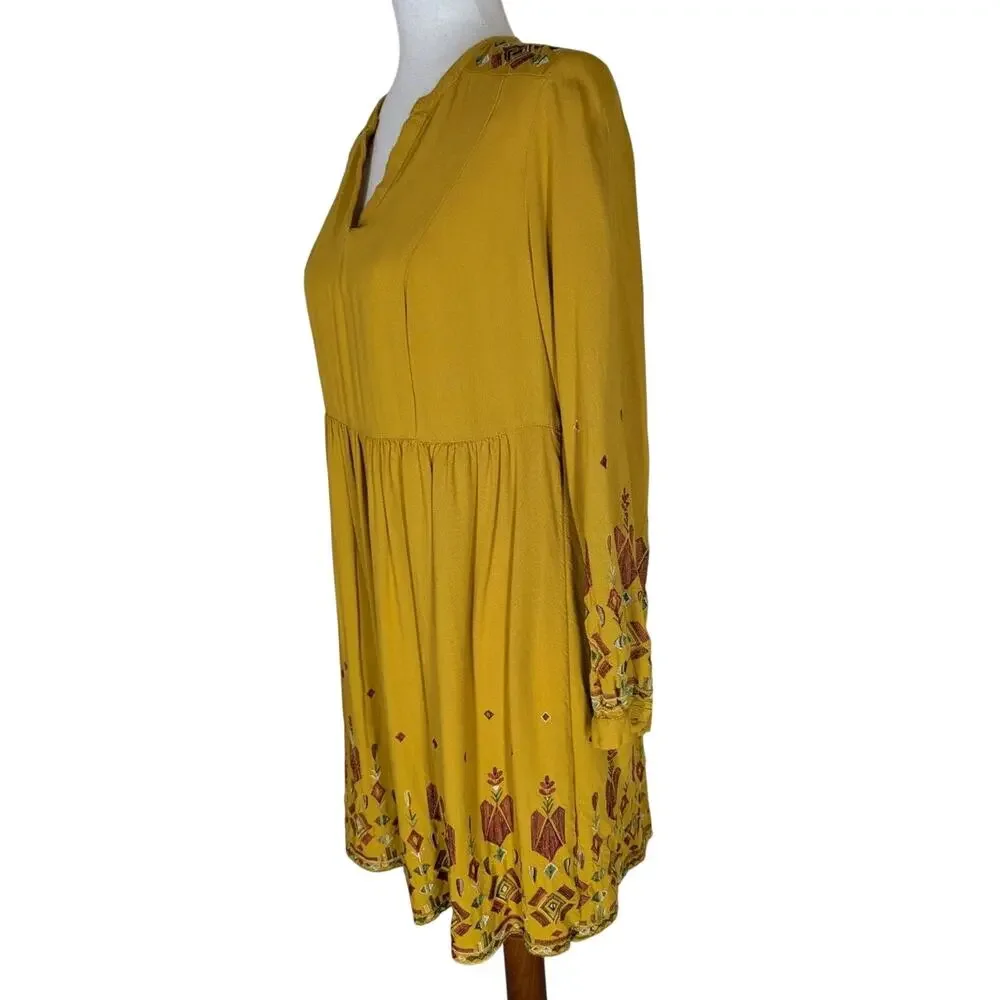 Womens S Boho Long Sleeve Dress Embroidered V Neck Gold Mustard Yellow Hippie - Picture 3 of 14